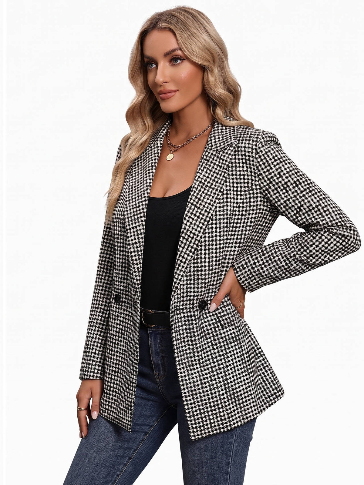 Womens Plaid Houndstooth Blazer, Business Casual Fall Jacket