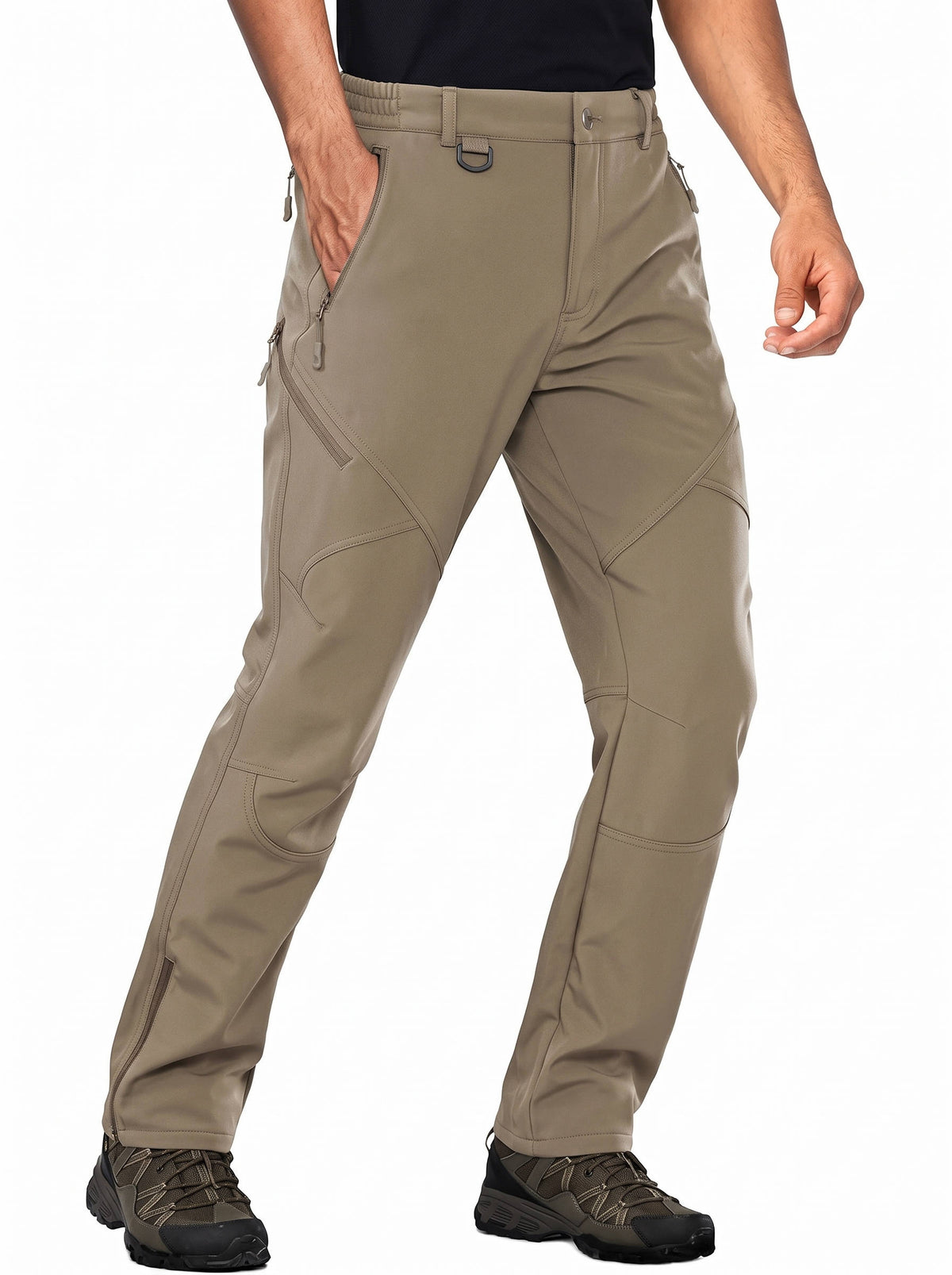 Mens Hunting Pants, Water Repellent Softshell Ski Pants with Fleece Lining, 6 Zip Pockets and Leg Zippers for Winter Hiking