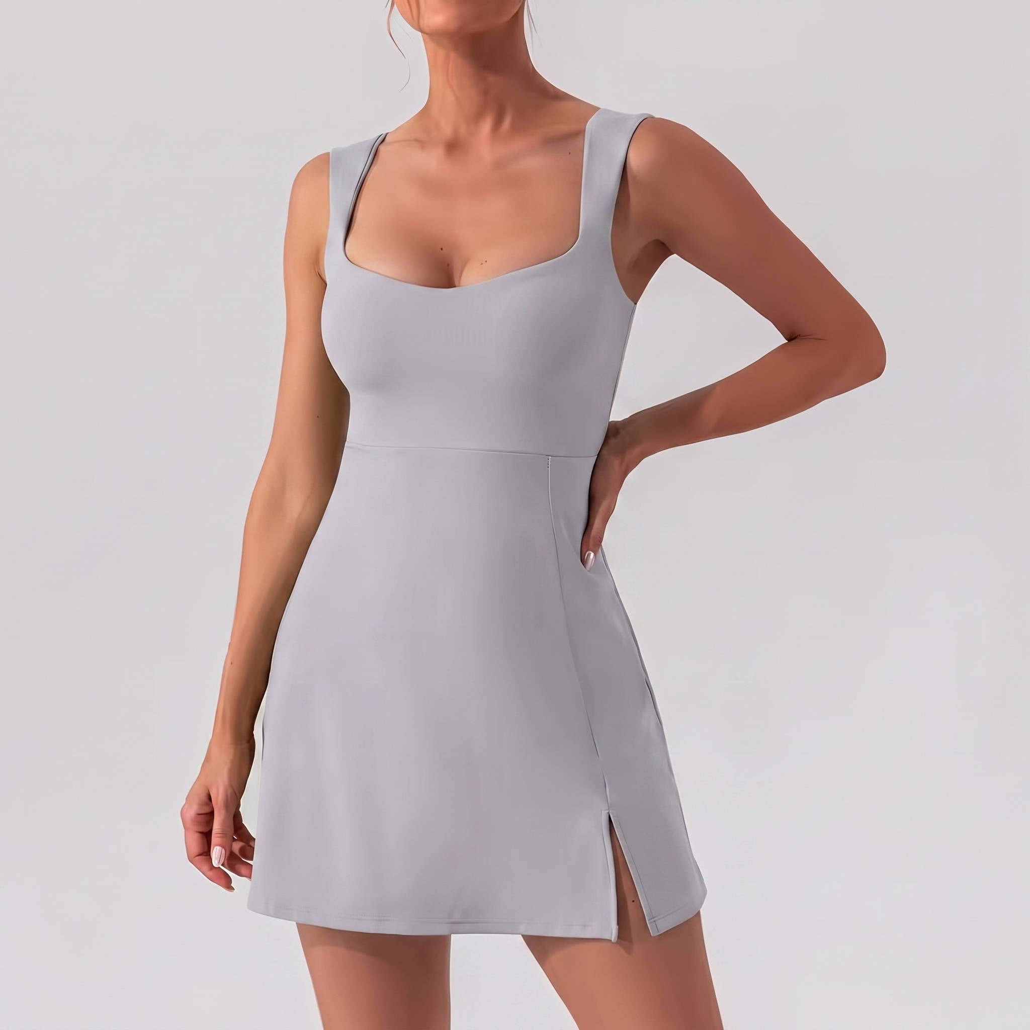 Womens Athletic Dress, Mini U Neck Sleeveless Little Dress with Built In Shorts and Pockets