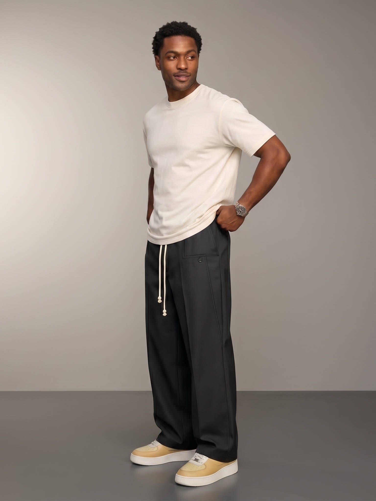 Men's Elegant Wide Leg Pants, Vintage Casual Straight Trousers, Loose Fit Drawstring Pleated Trousers with Pockets