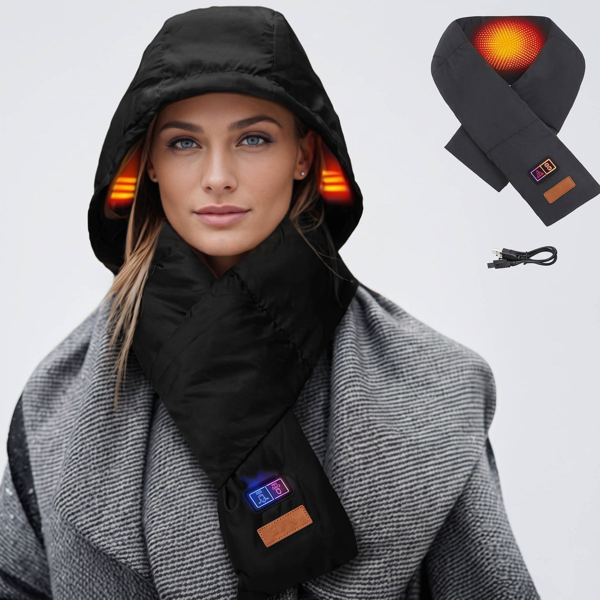 Heated Scarf with Hidden Hat, 5000mAh Rechargeable Wireless Heating Scarf, Lightweight Winter Neck Warmer