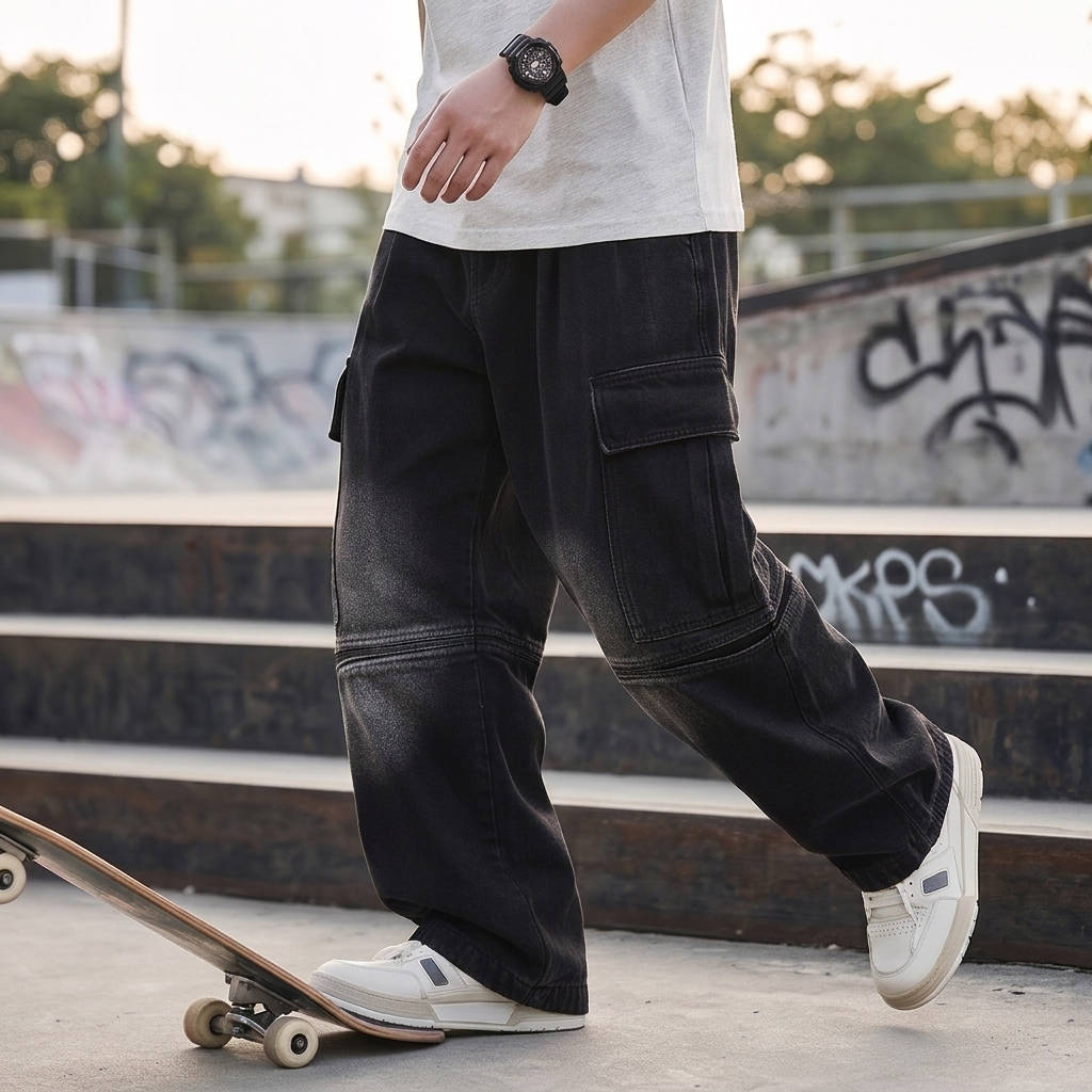 Mens Heavyweight Jeans Cargo Baggy Pants, Durable Loose Fit Cargo Denim for Casual Streetwear