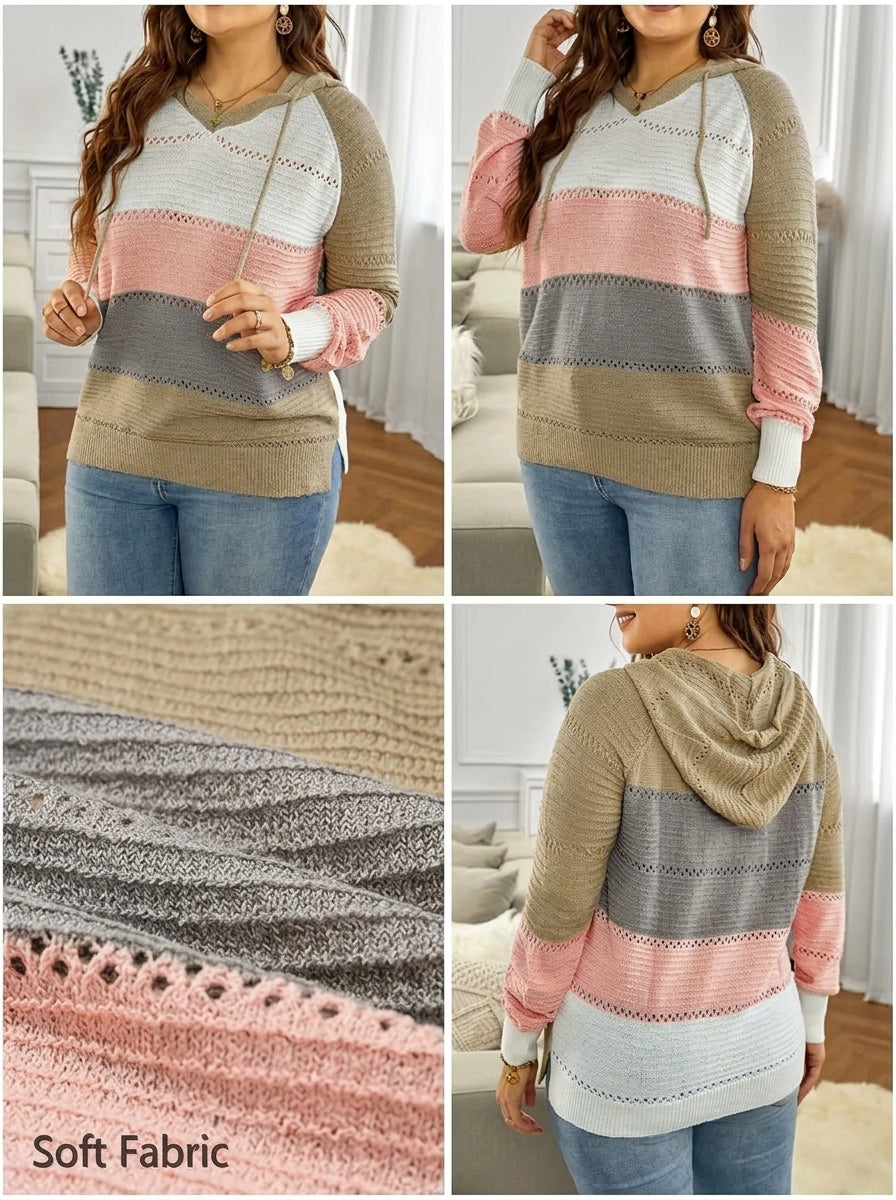 Womens Striped Crochet Sweater Hoodie, Long Sleeve Colorblock Lightweight Knit Pullover