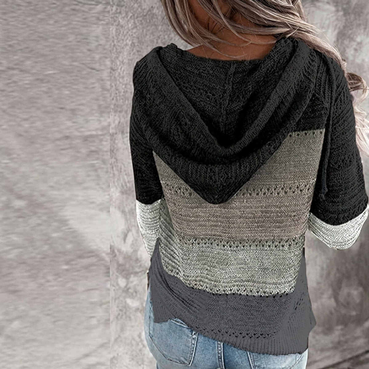 Womens Striped Crochet Sweater Hoodie, Long Sleeve Colorblock Lightweight Knit Pullover
