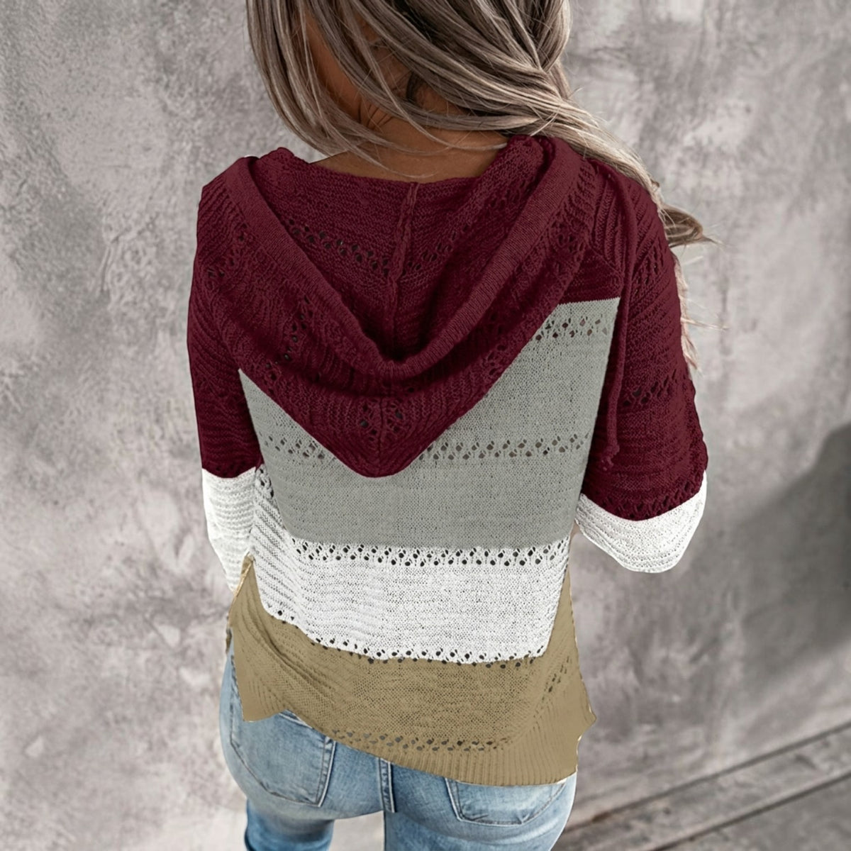 Womens Striped Crochet Sweater Hoodie, Long Sleeve Colorblock Lightweight Knit Pullover