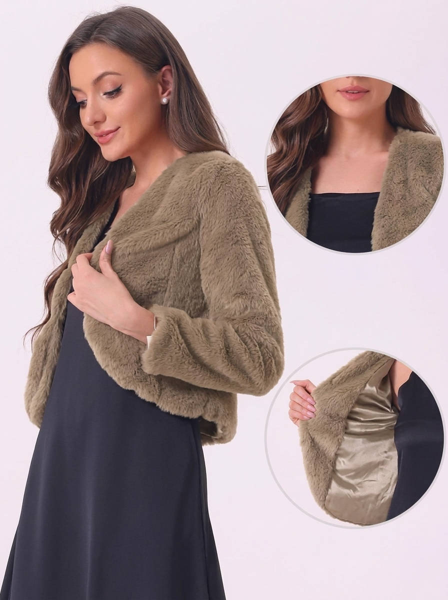 Womens Cropped Faux Fur Jacket, Long Sleeve Wedding Bolero Coat