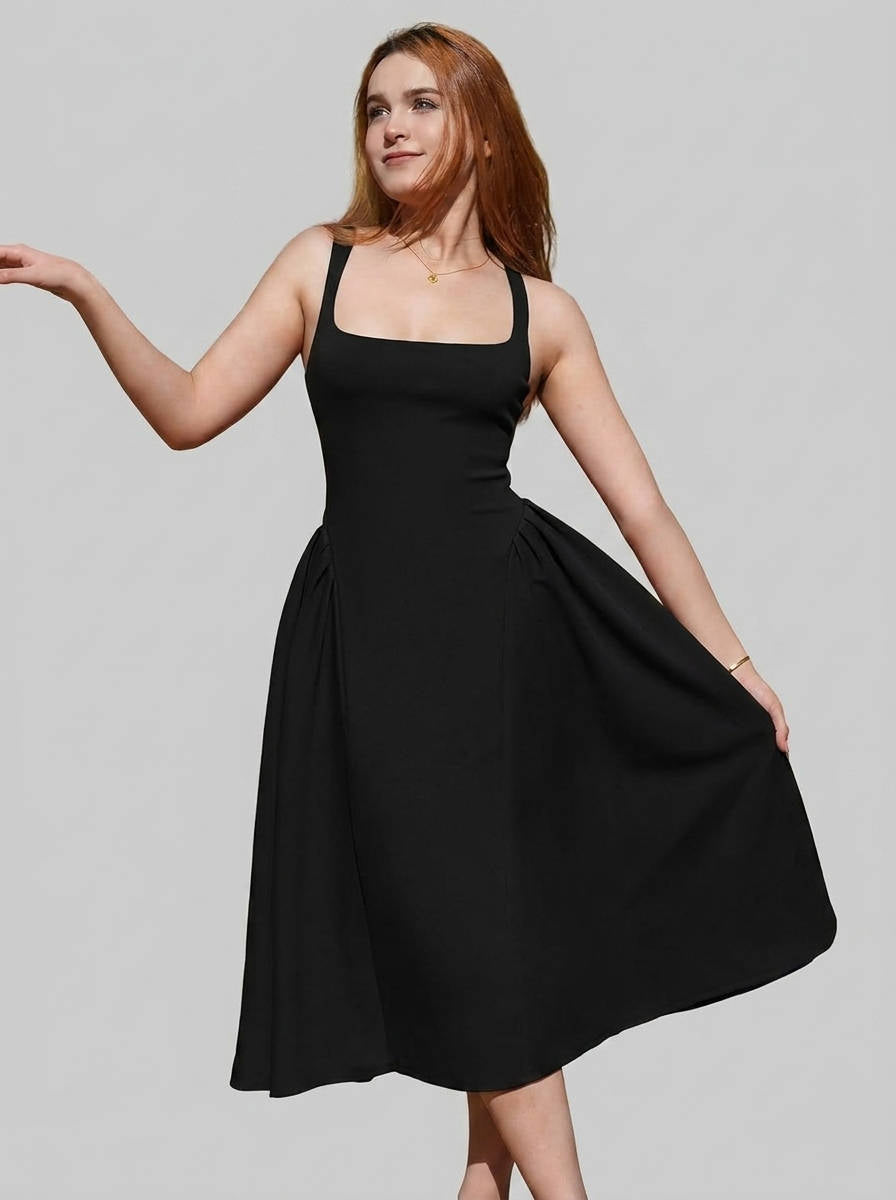 Womens Square Neck A Line Midi Dress, Elegant Wedding Guest and Evening Party Dress
