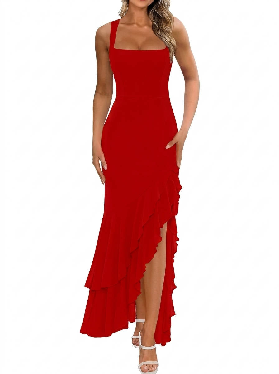 Womens Bodycon Maxi Dress, Ruched Mesh Mermaid Wedding Guest and Cocktail Dress