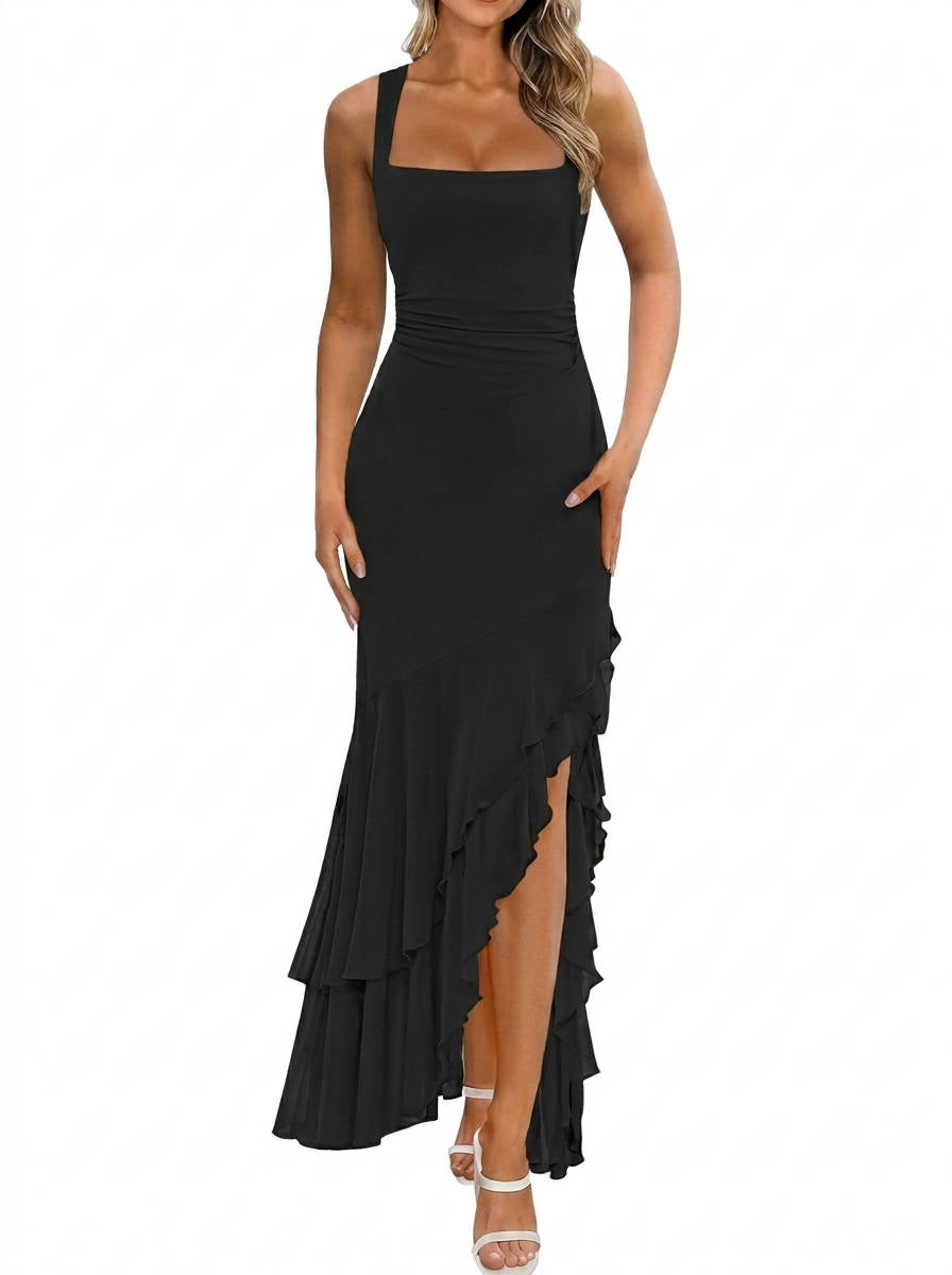 Womens Bodycon Maxi Dress, Ruched Mesh Mermaid Wedding Guest and Cocktail Dress