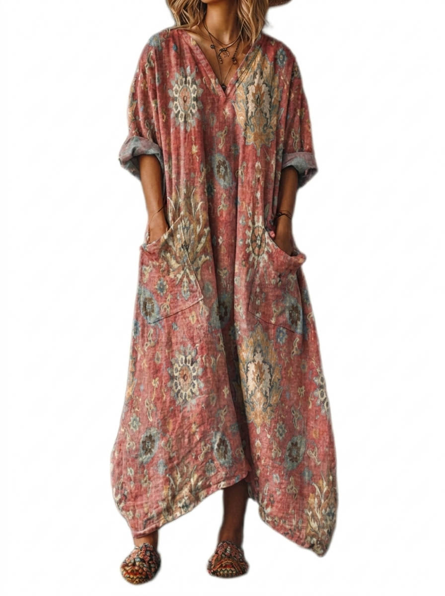 Womens Cotton Maxi Dress, Boho Print Front Pocket Casual Summer Dress