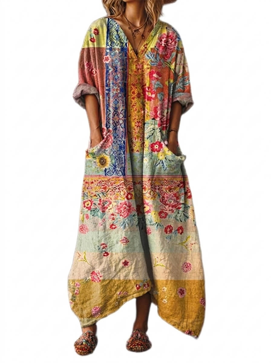 Womens Cotton Maxi Dress, Boho Print Front Pocket Casual Summer Dress