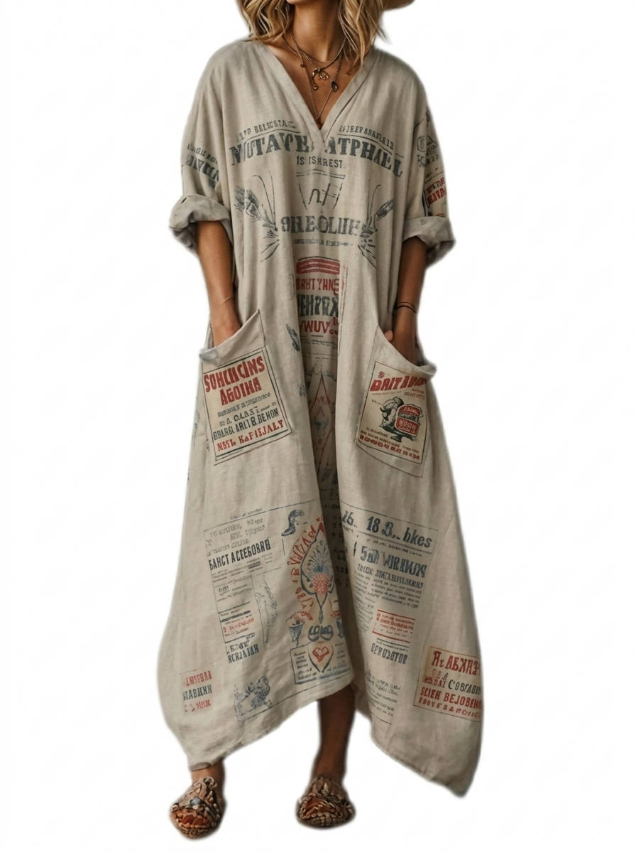 Womens Cotton Maxi Dress, Boho Print Front Pocket Casual Summer Dress