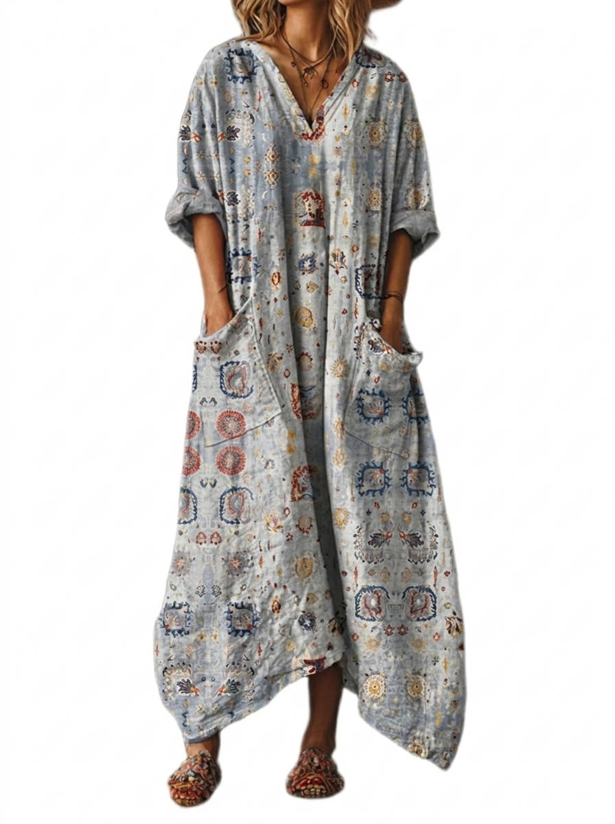 Womens Cotton Maxi Dress, Boho Print Front Pocket Casual Summer Dress