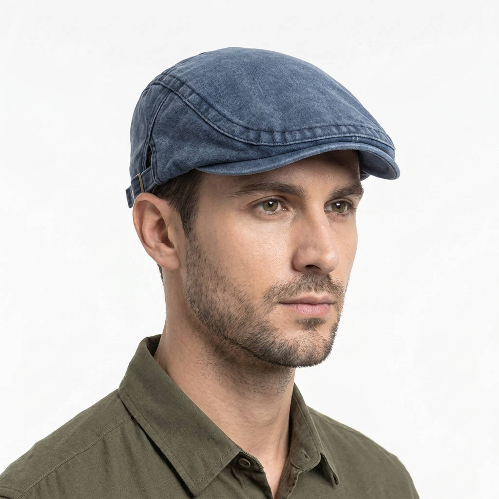 Men's Flat Cap, Washed Denim Newsboy Hat, Vintage Adjustable Ivy Driving Cap