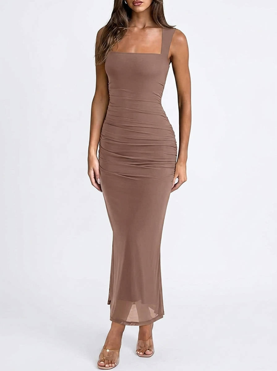 Womens Wedding Guest Maxi Dress, Sleeveless Square Neck Mesh Ruched Bodycon Dress
