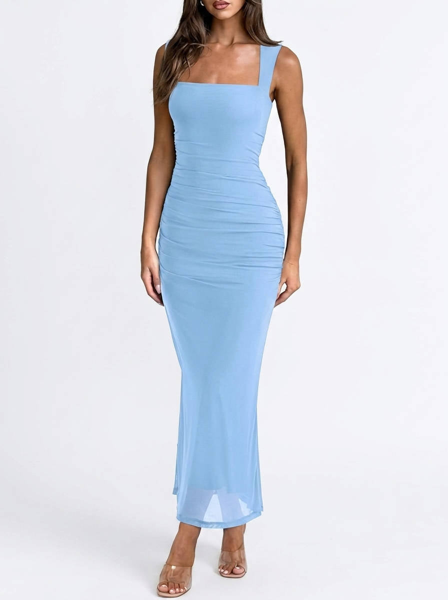 Womens Wedding Guest Maxi Dress, Sleeveless Square Neck Mesh Ruched Bodycon Dress