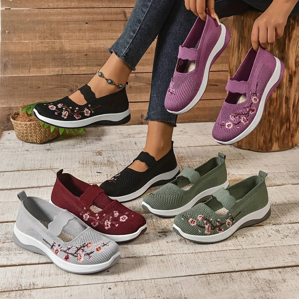 Women's Mary Jane Sneakers, Floral Embroidered Mesh Shoes, Slip on Elastic Strap Comfort Flats
