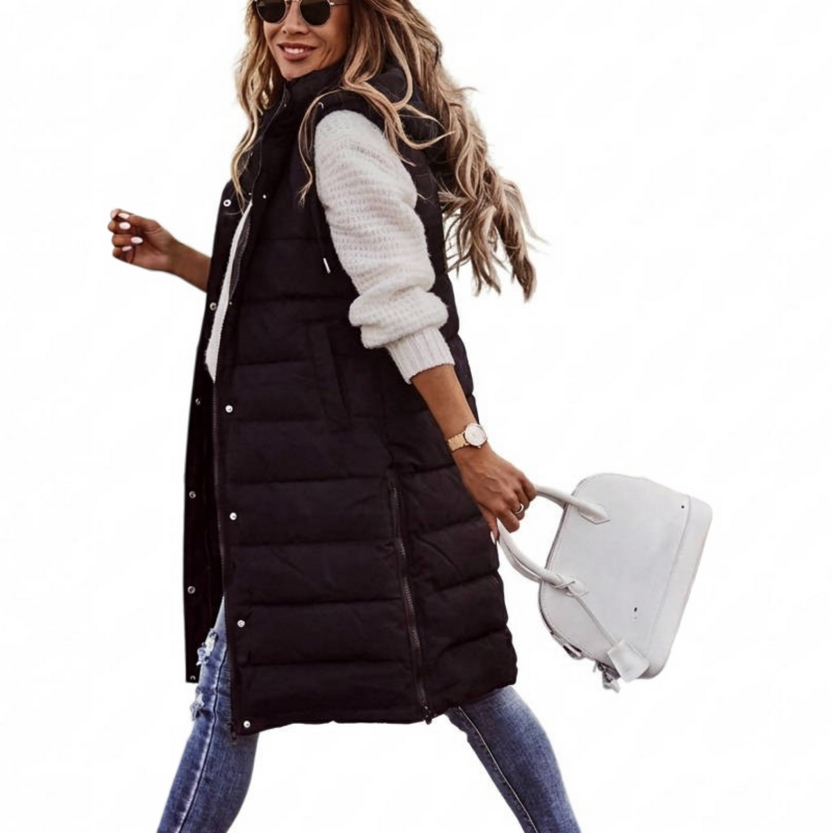 Womens Knee Length Puffer Vest, Hooded Quilted Zip Up Long Vest, Warm Winter Outerwear
