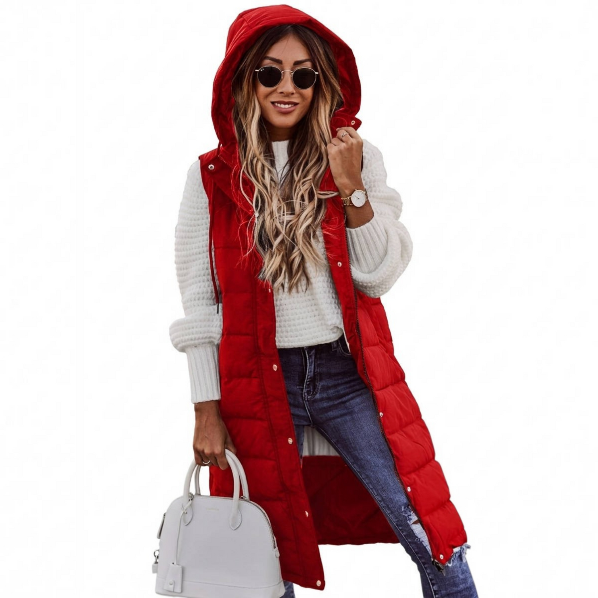 Womens Knee Length Puffer Vest, Hooded Quilted Zip Up Long Vest, Warm Winter Outerwear