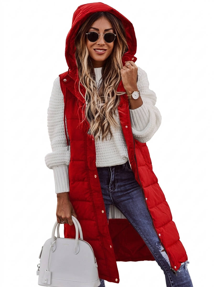 Women's Knee Length Puffer Vest, Hooded Quilted Zip Up Long Vest, Warm Winter Outerwear