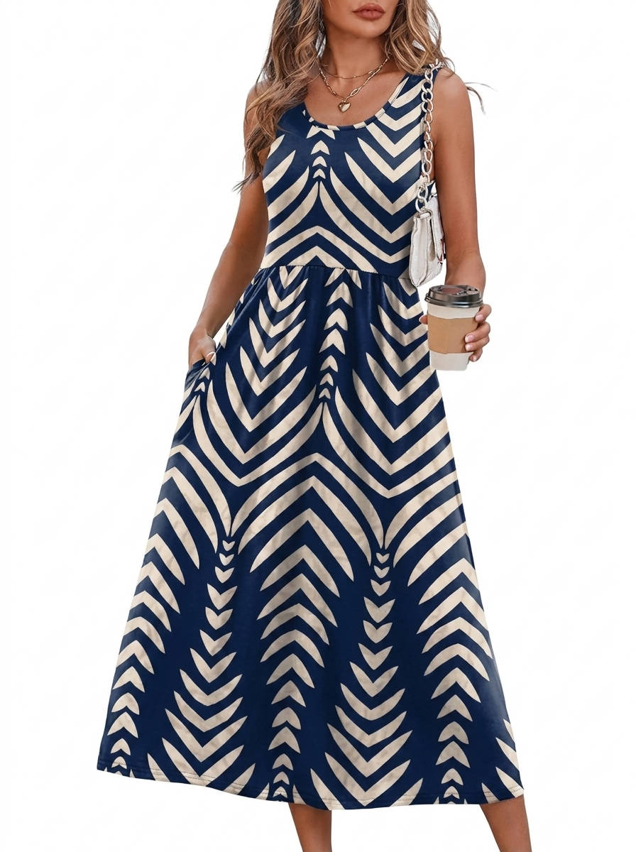 Womens Flowy Midi Dress, Casual Beach Vacation Sundress with Pockets