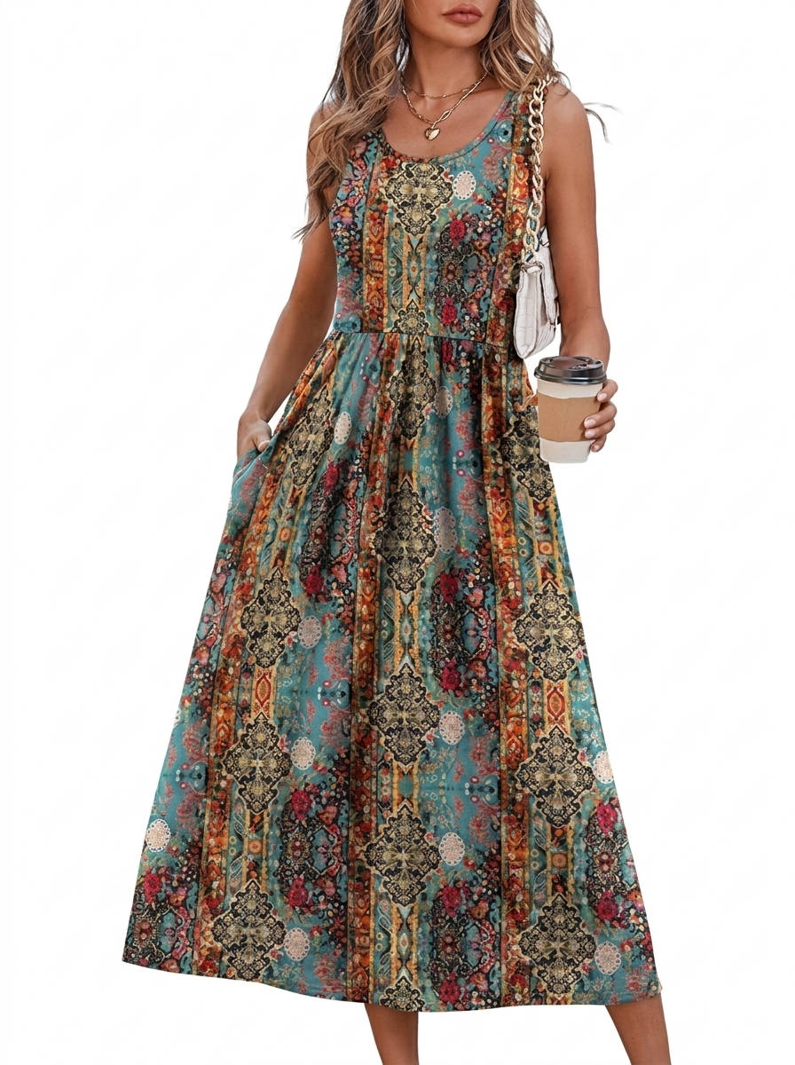Womens Flowy Midi Dress, Casual Beach Vacation Sundress with Pockets