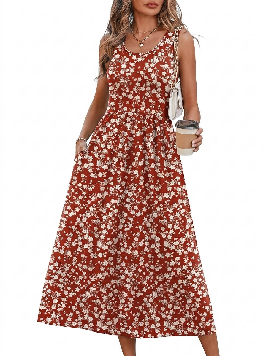 Womens Flowy Midi Dress, Casual Beach Vacation Sundress with Pockets