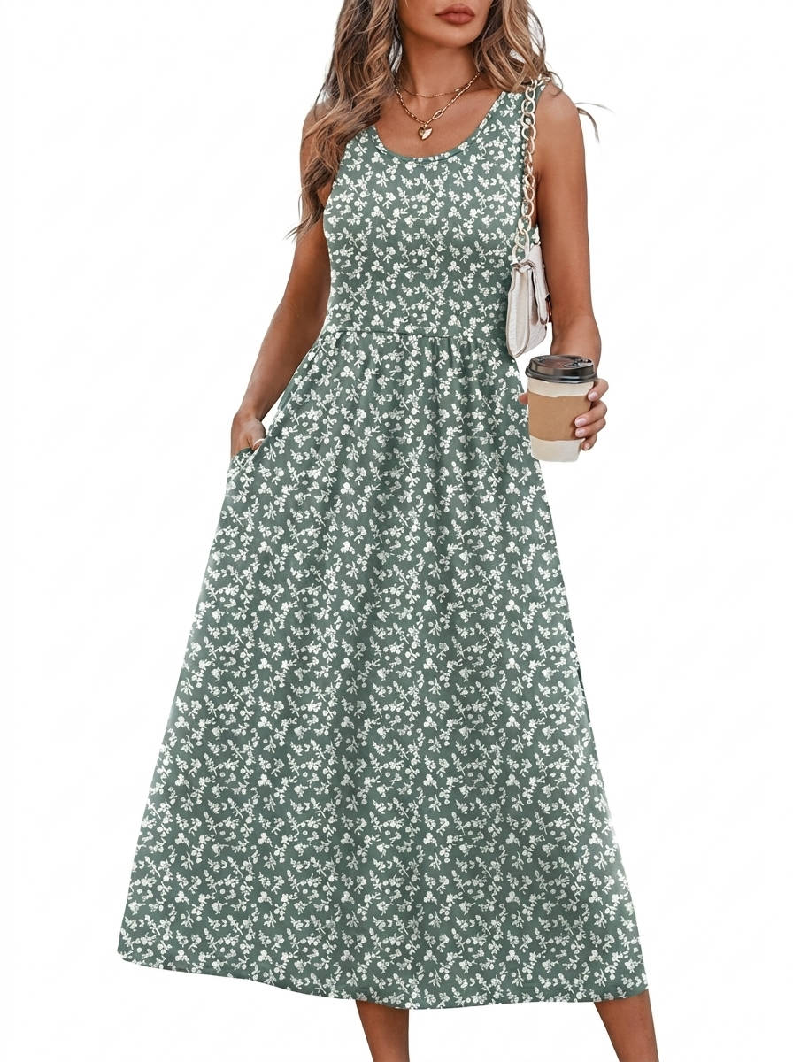 Womens Flowy Midi Dress, Casual Beach Vacation Sundress with Pockets