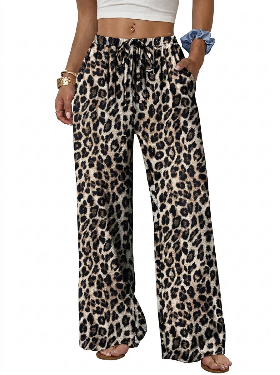 Womens Wide Leg Palazzo Pants, Flowy Drawstring Elastic Waist Trousers with Pockets for Summer, Beach and Vacation Wear