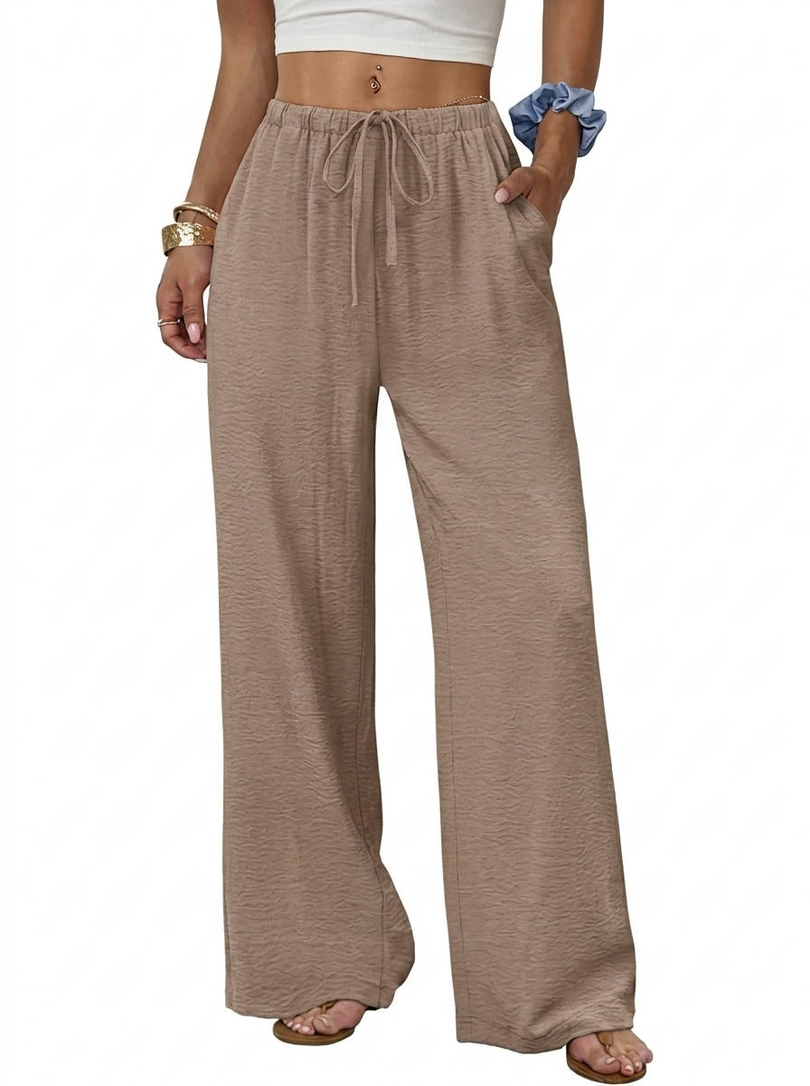 Womens Wide Leg Palazzo Pants, Flowy Drawstring Elastic Waist Trousers with Pockets for Summer, Beach and Vacation Wear