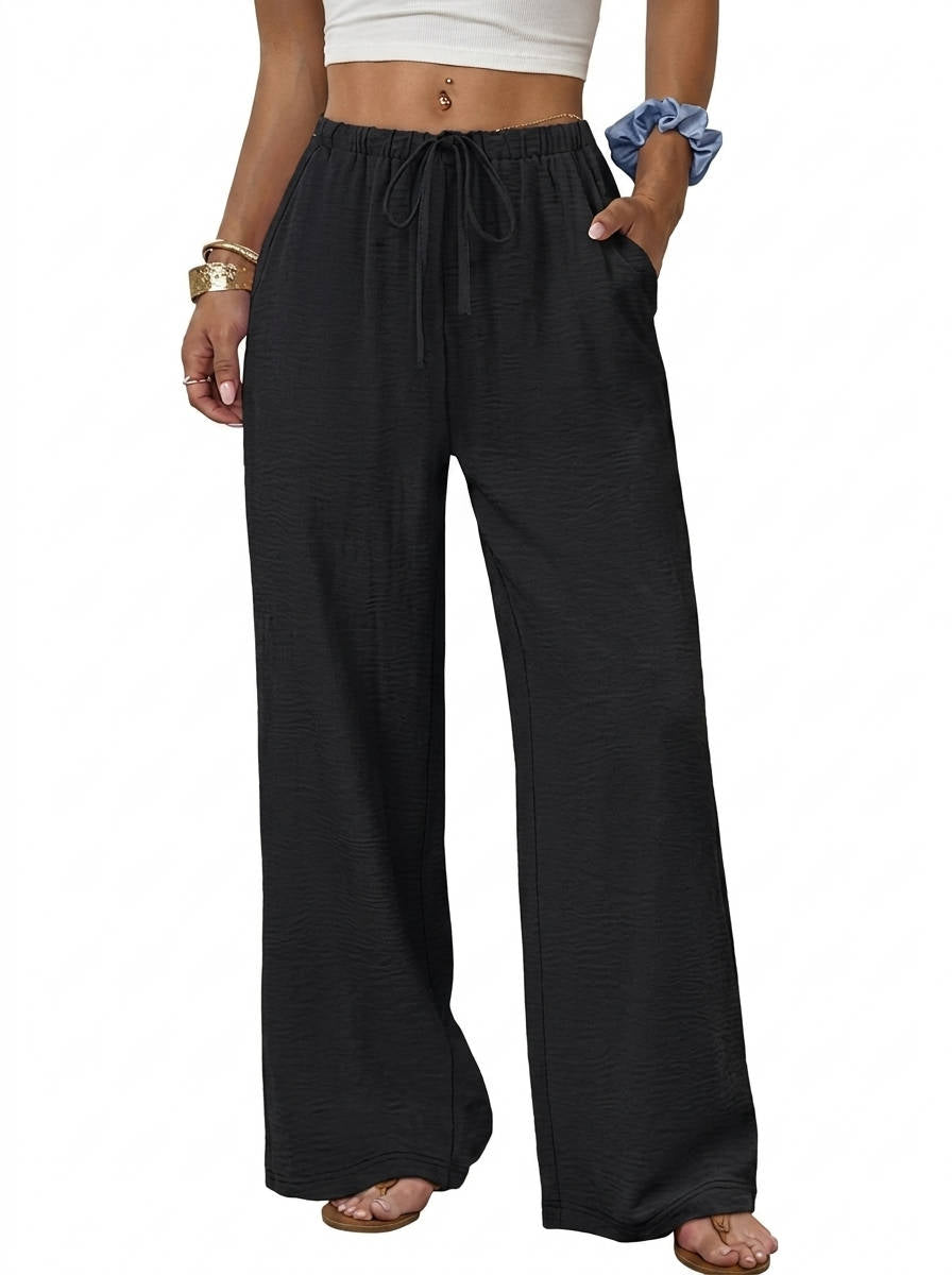 Womens Wide Leg Palazzo Pants, Flowy Drawstring Elastic Waist Trousers with Pockets for Summer, Beach and Vacation Wear
