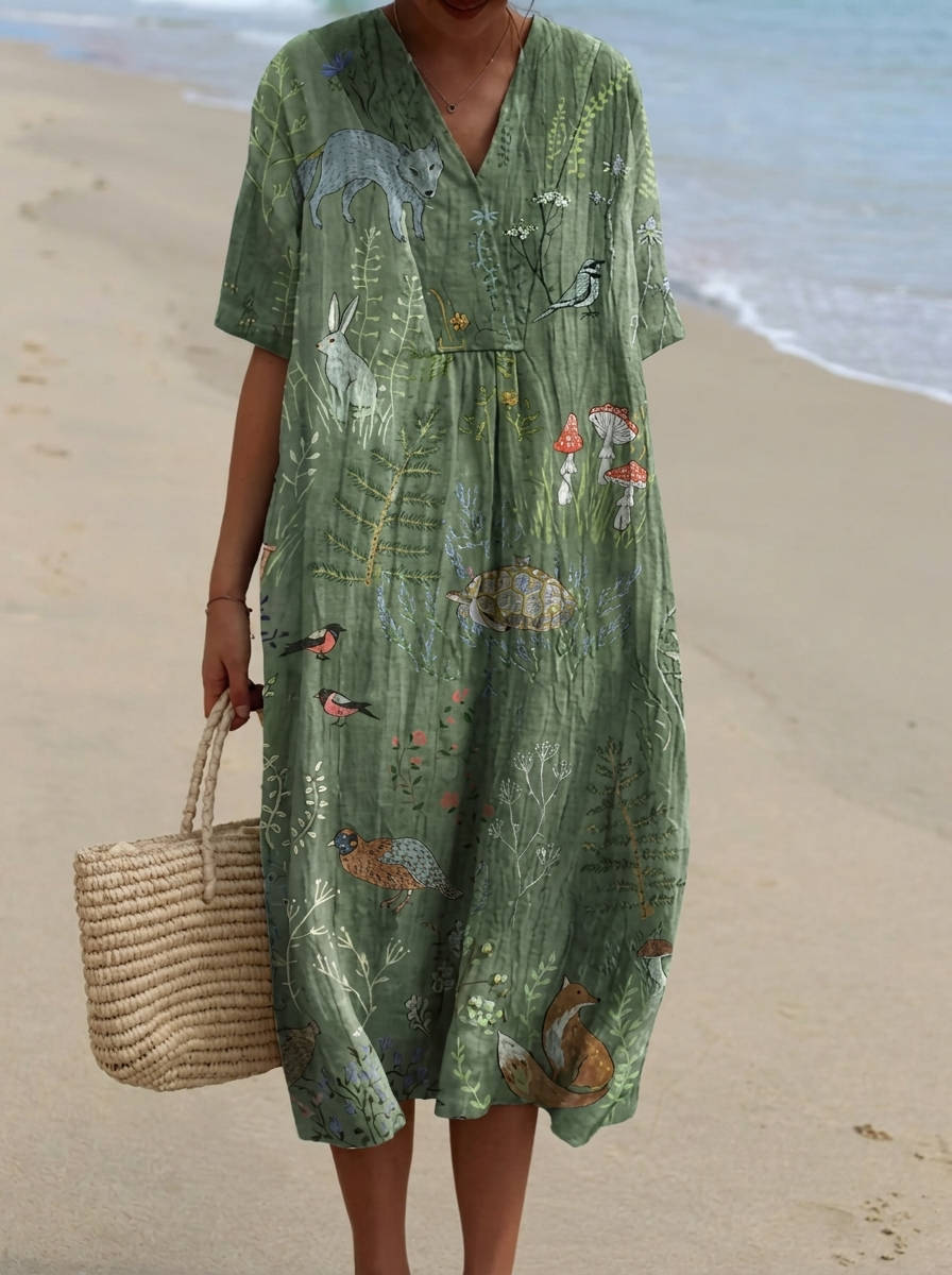 Womens Cotton Maxi Dress, Floral V Neck Short Sleeve Oversized Casual Midi Dress