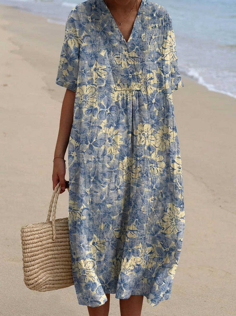 Womens Cotton Maxi Dress, Floral V Neck Short Sleeve Oversized Casual Midi Dress