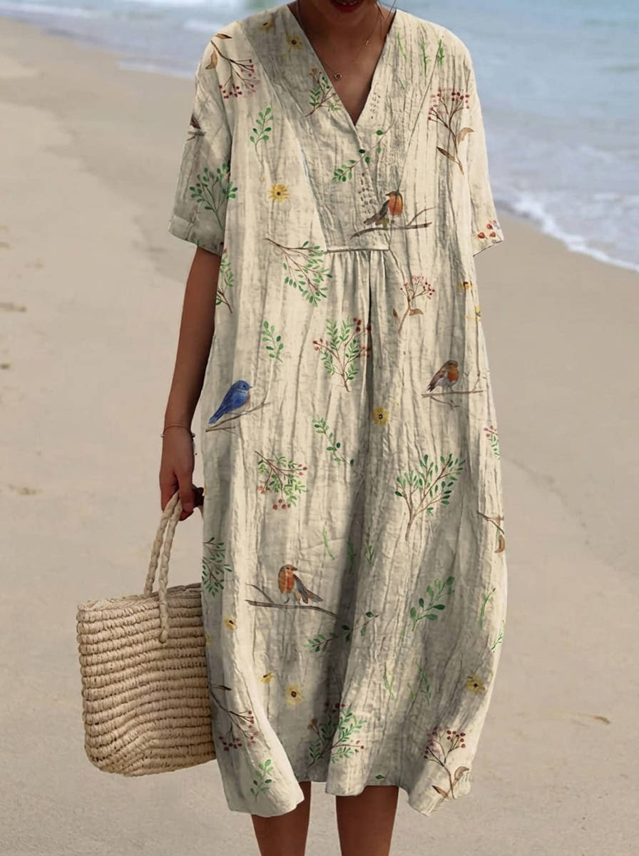 Womens Cotton Maxi Dress, Floral V Neck Short Sleeve Oversized Casual Midi Dress