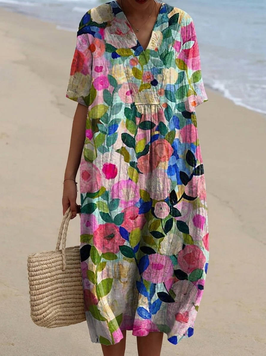 Womens Cotton Maxi Dress, Floral V Neck Short Sleeve Oversized Casual Midi Dress