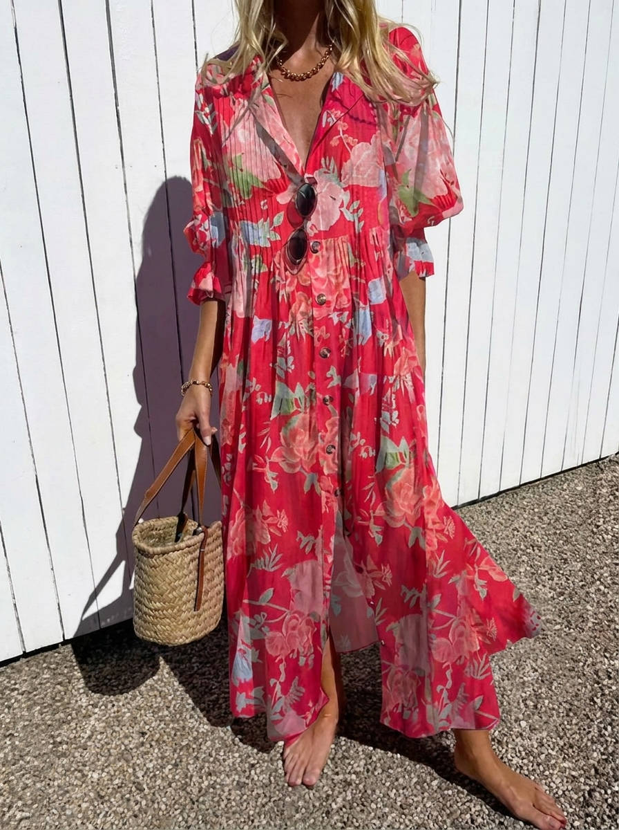 Womens Cotton Maxi Dress, Floral Casual Summer Beach Vacation Dress