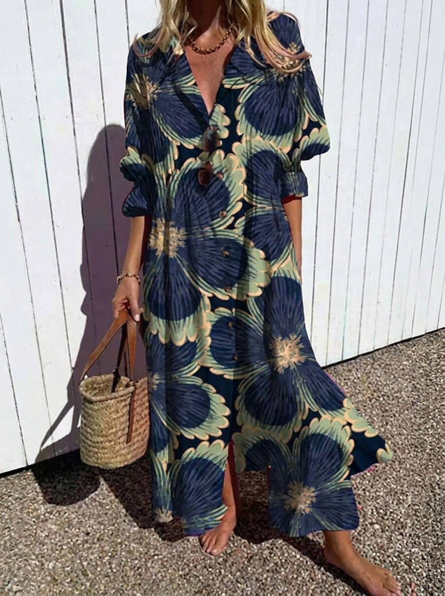 Womens Cotton Maxi Dress, Floral Casual Summer Beach Vacation Dress