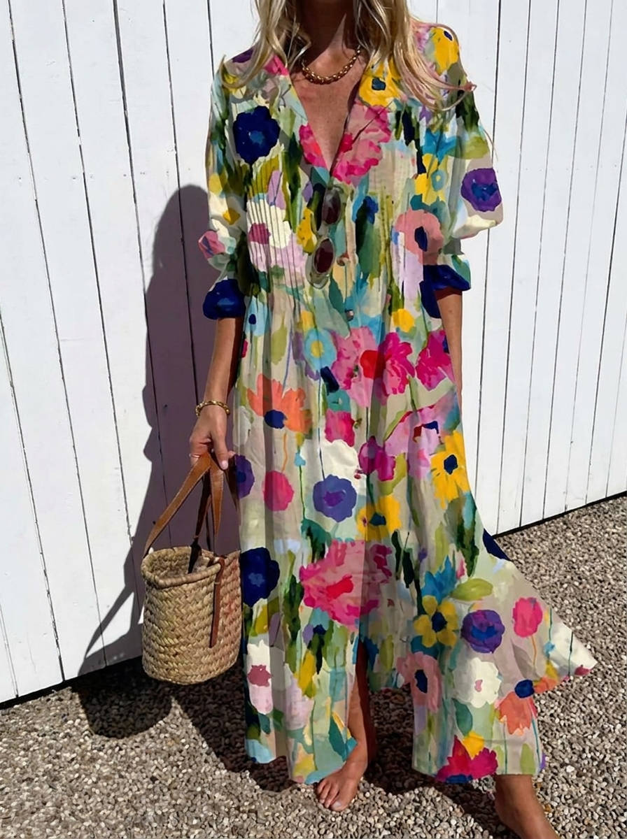 Womens Cotton Maxi Dress, Floral Casual Summer Beach Vacation Dress