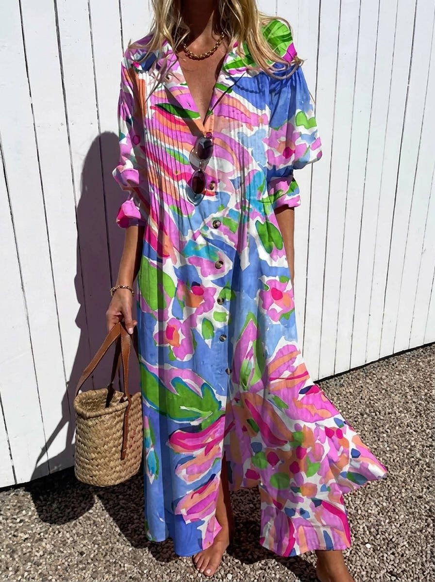 Womens Cotton Maxi Dress, Floral Casual Summer Beach Vacation Dress