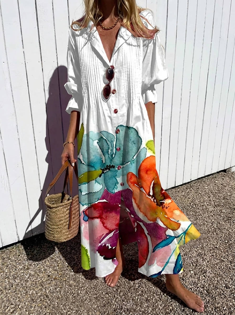 Womens Cotton Maxi Dress, Floral Casual Summer Beach Vacation Dress