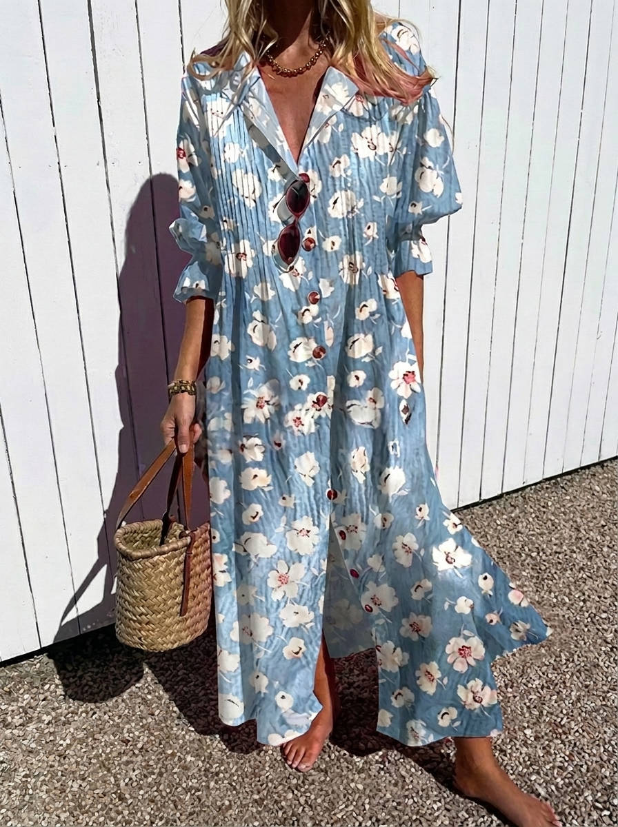 Womens Cotton Maxi Dress, Floral Casual Summer Beach Vacation Dress