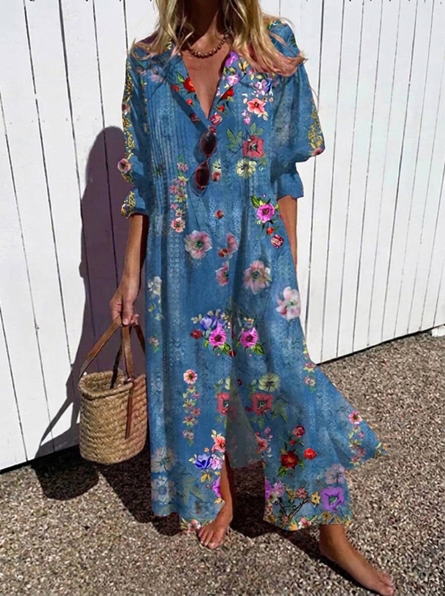 Womens Cotton Maxi Dress, Floral Casual Summer Beach Vacation Dress