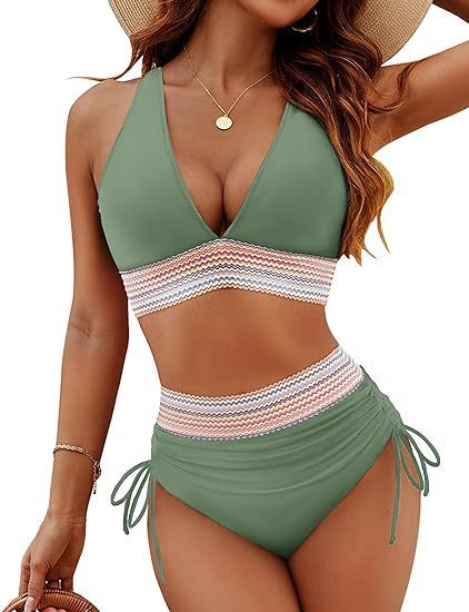 Women's High Waisted Bikini, Chevron Textured Trim Two Pieces Swimsuit, Ruched Drawstring Bathing Suit