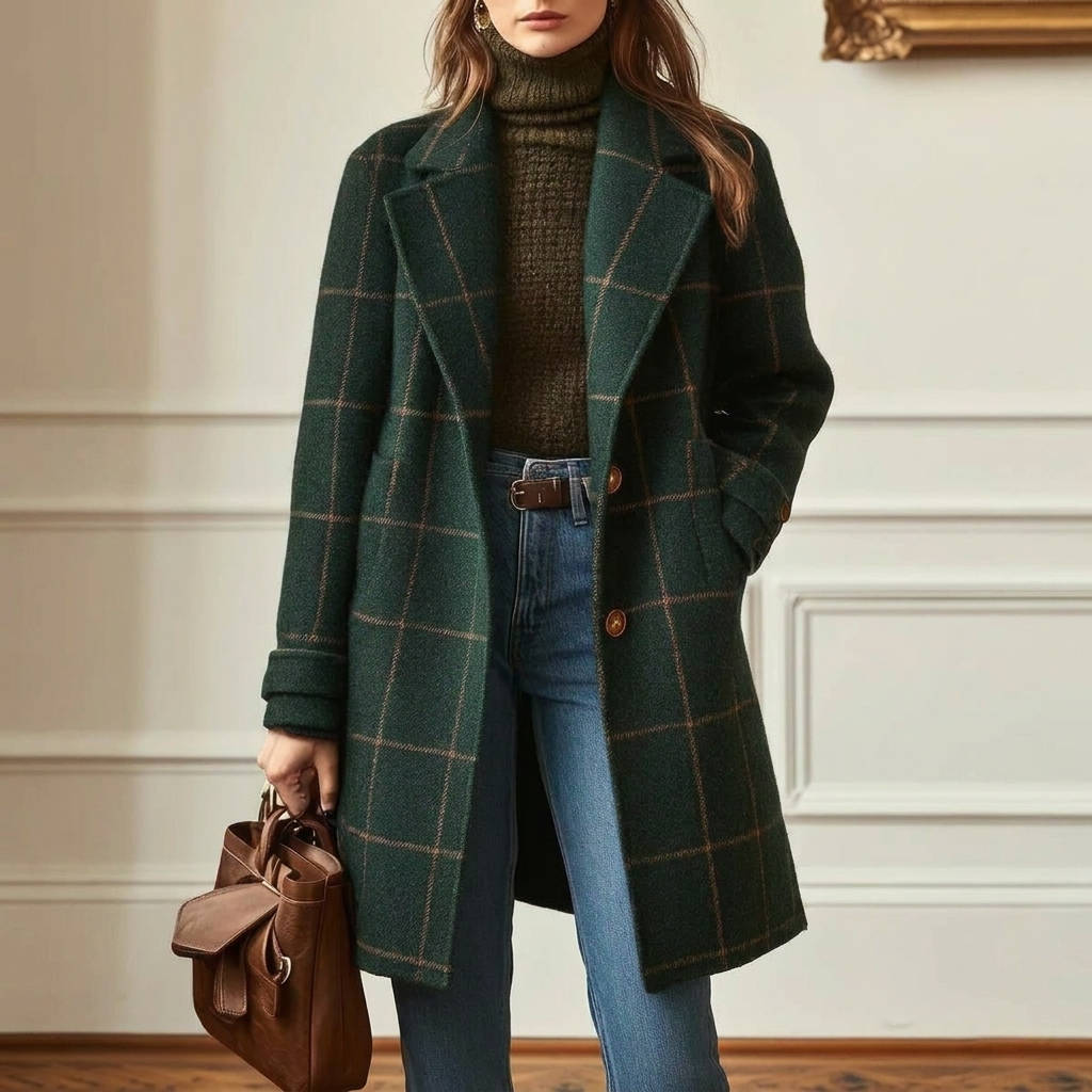 Women's Tweed Coat, Plaid Pattern, Retro Wool Coat with Lapel Collar