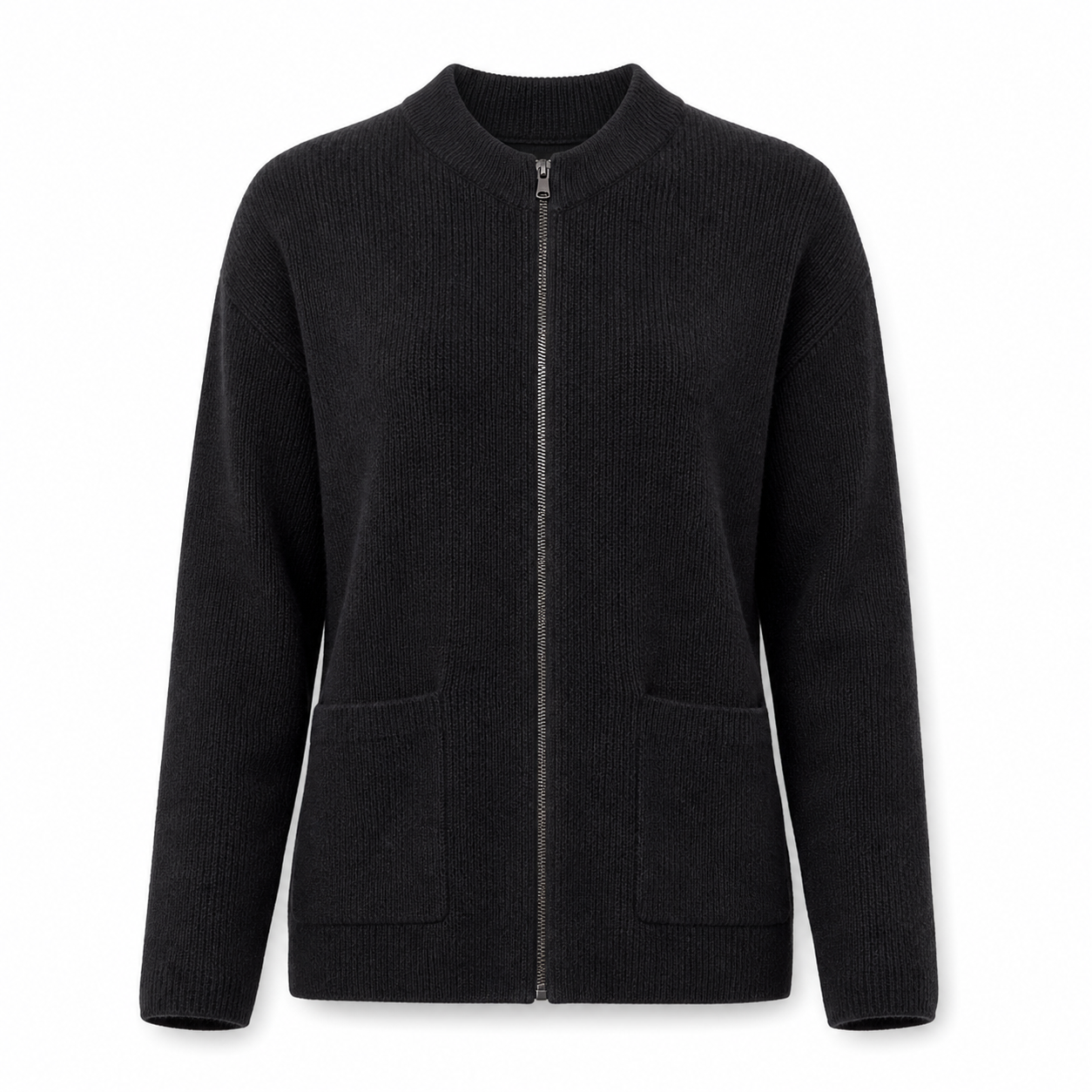 Womens Knit Jacket with Round Neck Zipper and Front Pockets, Stretchy Polyester