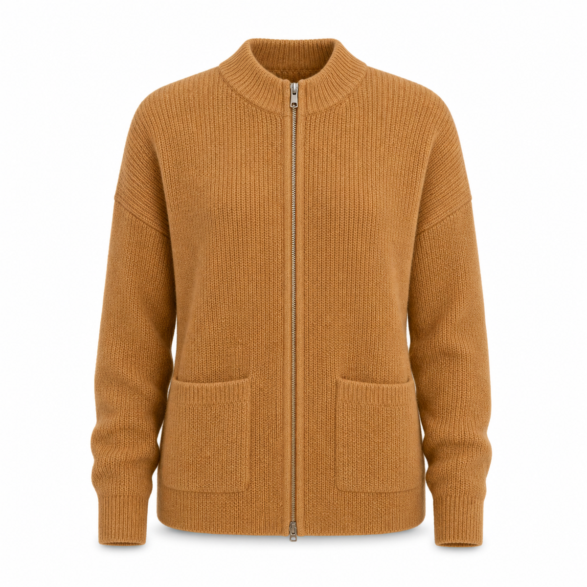 Womens Knit Jacket with Round Neck Zipper and Front Pockets, Stretchy Polyester