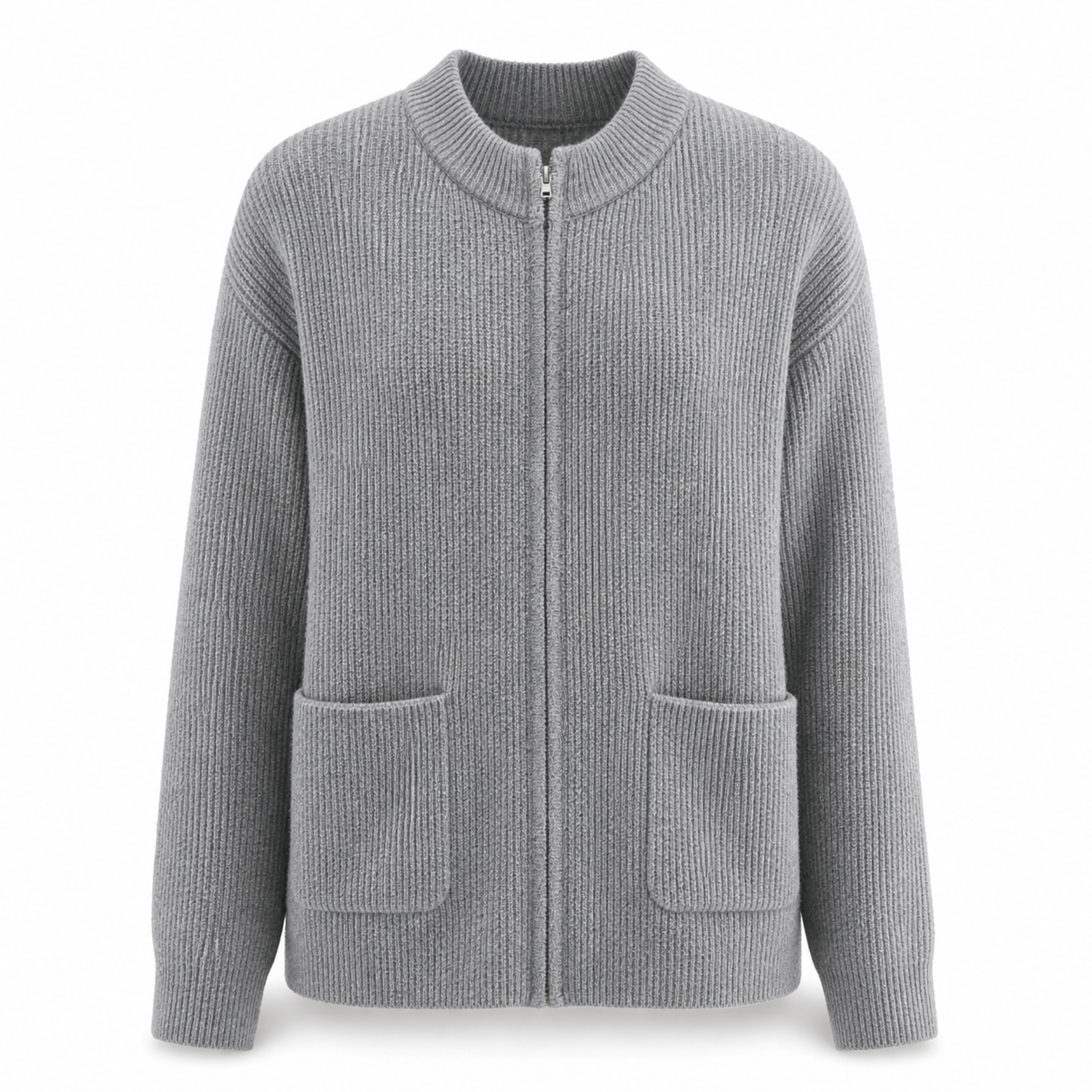 Womens Knit Jacket with Round Neck Zipper and Front Pockets, Stretchy Polyester