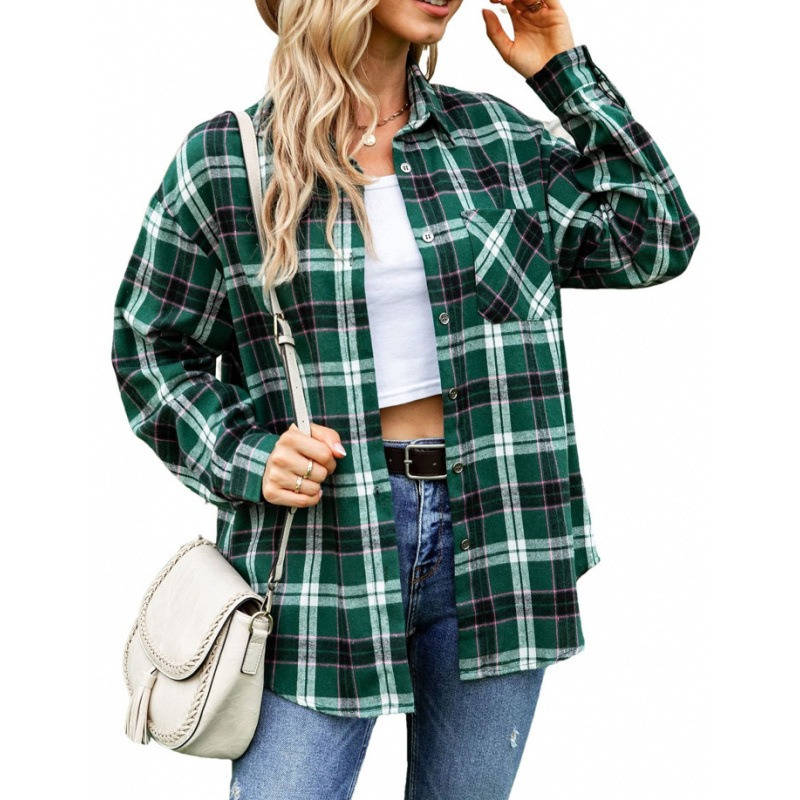 Women's Flannel Plaid Shirt, Soft Button Down Shirt, Roll Up Long Sleeve Flannel Plaid Blouse for Women