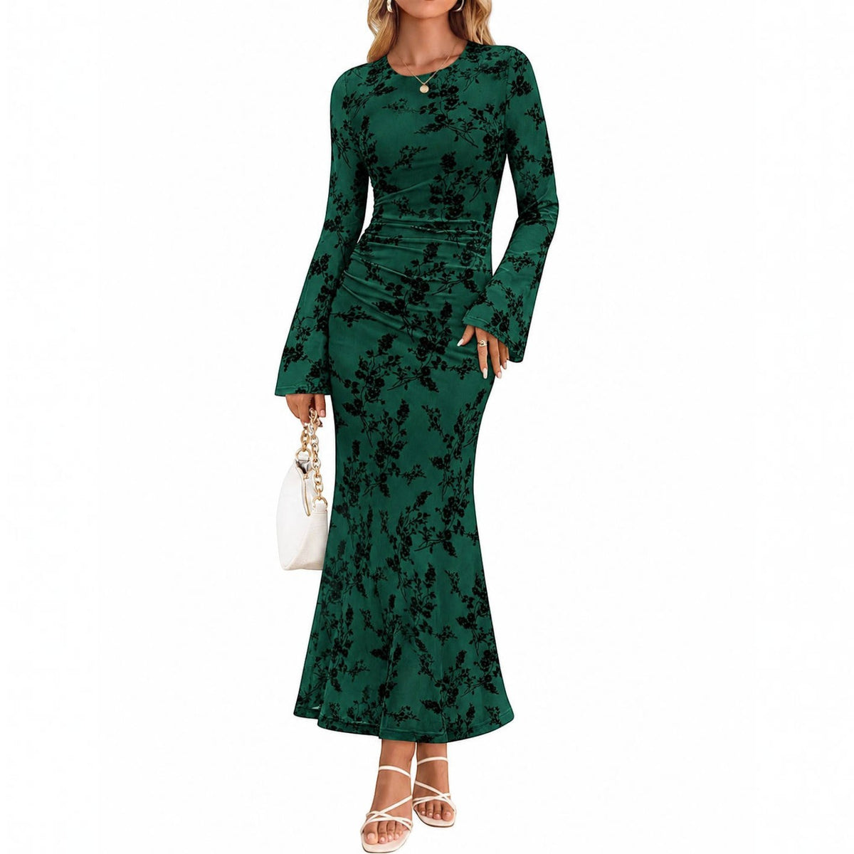 Womens Printed Maxi Dress, Long Sleeve Ruched Mesh Bodycon Dress, Elegant Fall Formal Dress