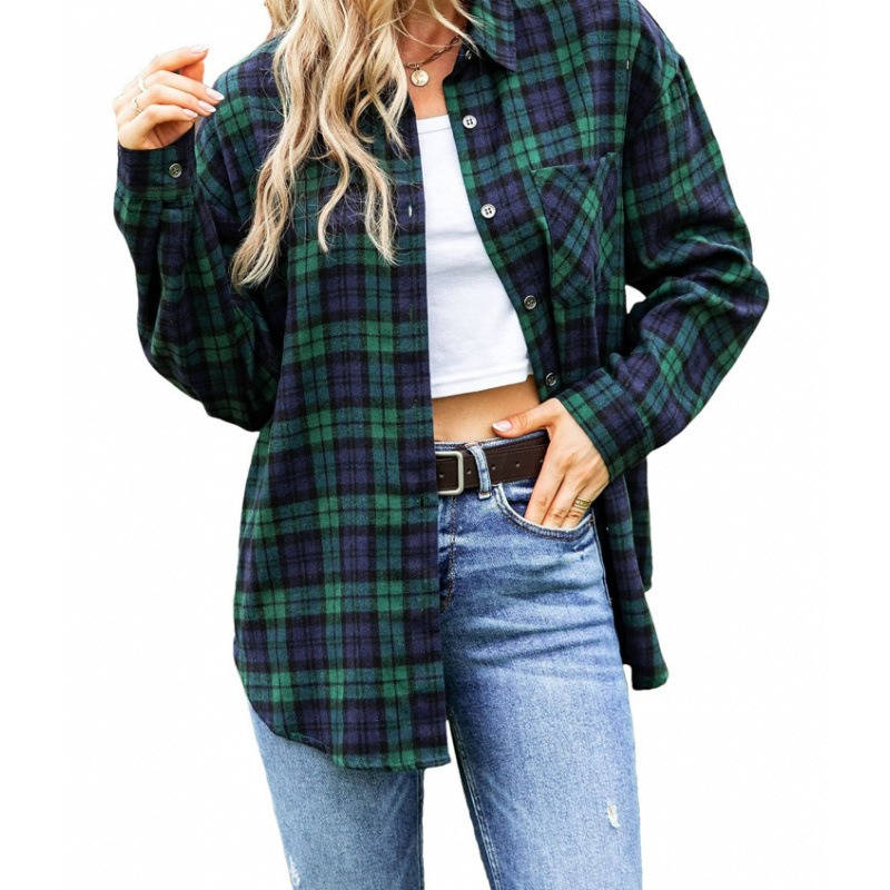 Women's Flannel Plaid Shirt, Soft Button Down Shirt, Roll Up Long Sleeve Flannel Plaid Blouse for Women